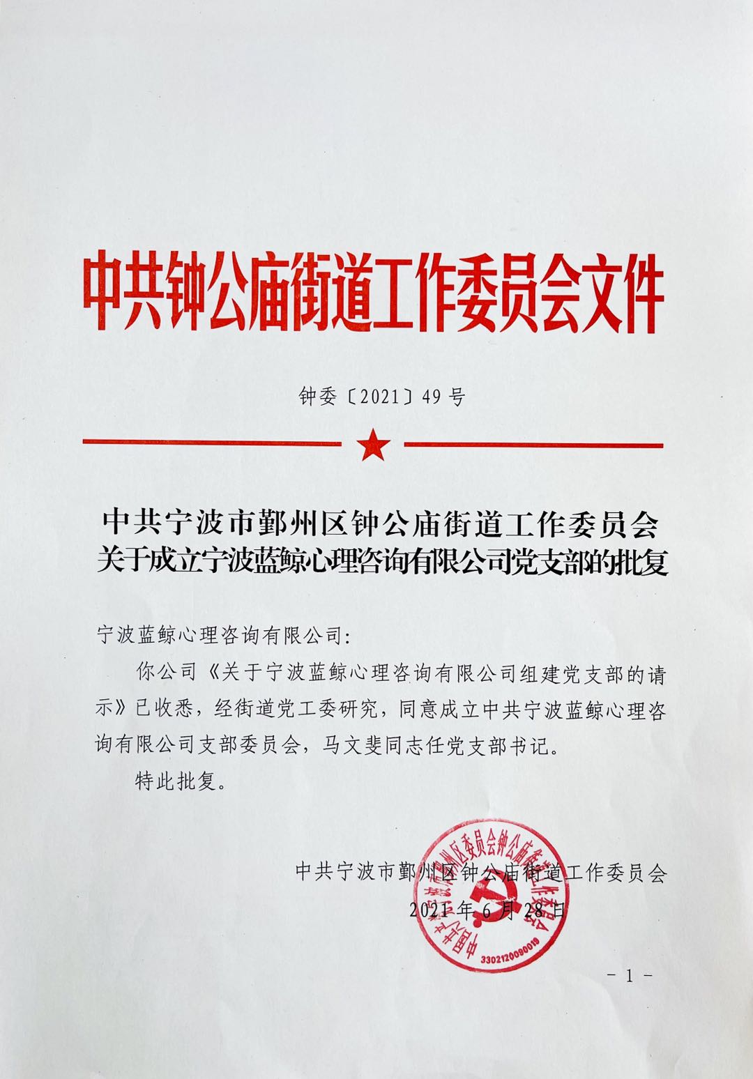 寧波藍鯨心理咨詢有限公司黨支部成立！